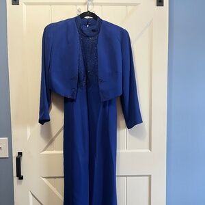 Daymor Couture Royal Blue formal dress with Jacket and Beaded Detail